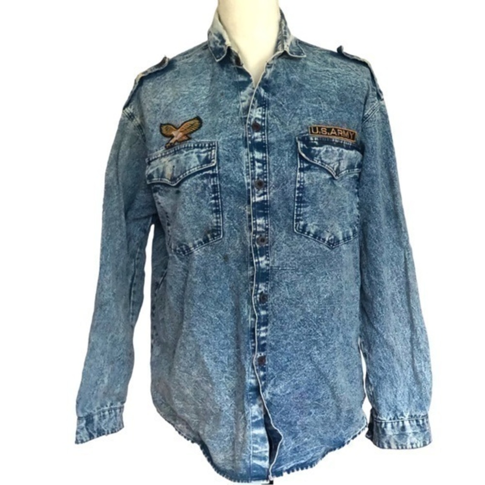 Vintage Denim Jean Shirt, 80s Acid Wash Boho Hippy Patches Shirt